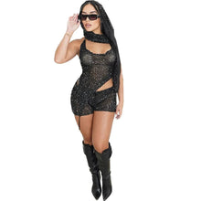 Load image into Gallery viewer, Bandage Sequined Knitted Short 3 Piece Set Sexy See Through Irregular Crop Top + Shorts Scarf Night Club wear Beach Outfits - Shop &amp; Buy

