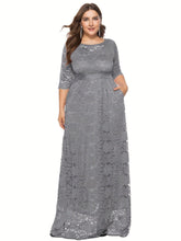 Load image into Gallery viewer, Elegant Plus Size Floral Lace Dress for Parties and Banquets - 3/4 Sleeves and Crew Neckline - Shop &amp; Buy
