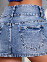 Load image into Gallery viewer, Blue A-line Denim Mini Skirt, Slim Fit Slant Pockets Non-Stretch Denim Mini Skirt - Shop &amp; Buy

