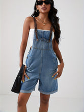 Load image into Gallery viewer, Blue Denim Jumpsuit with Bold Contrast Straps - Distressed Ripped Holes, Non-Stretch Romper - Shop &amp; Buy
