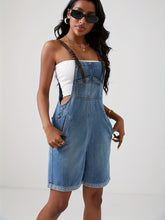 Load image into Gallery viewer, Blue Denim Jumpsuit with Bold Contrast Straps - Distressed Ripped Holes, Non-Stretch Romper - Shop &amp; Buy
