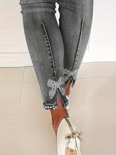 Load image into Gallery viewer, Blue High-Stretch Skinny Jeans, Faux Pearl Decor Slim Fit Split Denim Pants - Shop &amp; Buy
