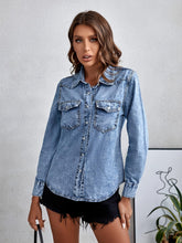 Load image into Gallery viewer, Blue Long Sleeves Denim Shirt, Flap Pockets Single Breasted Button Lapel Denim Jacket, Women Denim Clothing - Shop &amp; Buy
