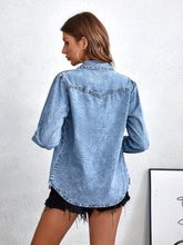Load image into Gallery viewer, Blue Long Sleeves Denim Shirt, Flap Pockets Single Breasted Button Lapel Denim Jacket, Women Denim Clothing - Shop &amp; Buy
