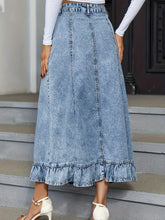 Load image into Gallery viewer, Blue Ruffle Hem Denim Midi Skirt, Single Breasted Button Washed Elegant Denim Skirt - Shop &amp; Buy
