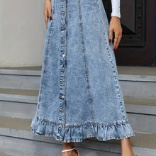Load image into Gallery viewer, Blue Ruffle Hem Denim Midi Skirt, Single Breasted Button Washed Elegant Denim Skirt - Shop &amp; Buy
