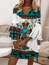 Load image into Gallery viewer, Boho Chic V-Neck Dress – Vintage-Inspired Print with Cascading Ruffle Sleeves - Shop &amp; Buy

