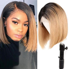 Load image into Gallery viewer, Brazilian 4x4 Blonde Bob Closure Wig Preplucked Ombre 1B 27 Straight Short Bob Wig 13x4 Remy Lace Front Human Hair Wigs 180% - Shop &amp; Buy