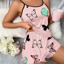 Load image into Gallery viewer, Butterfly Print Pajama Set, Lettuce Trim Cami Top &amp; Elastic Waistband Shorts, Womens Sleepwear &amp; Loungewear - Shop &amp; Buy
