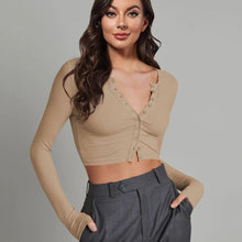 Load image into Gallery viewer, Button Down Long Sleeve Cropped Top - Shop &amp; Buy
