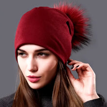 Load image into Gallery viewer, Female Natural Raccoon Fur Pompom Hats Beanies Autumn Winter Warm Solid Caps For Women
