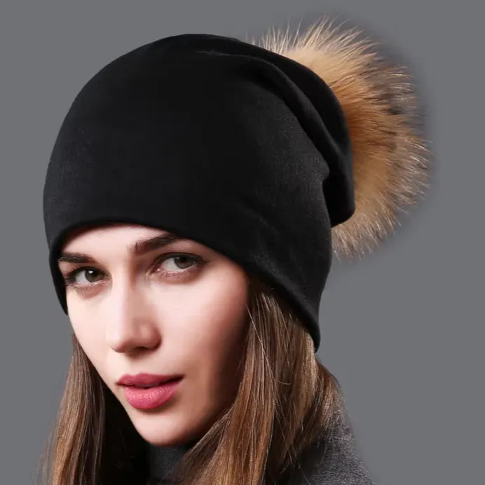 Women's Hat Natural Raccoon Fur Pompom Beanies Autumn Winter Warm Cotton Hats Rhinestone Fashion Caps - Shop & Buy