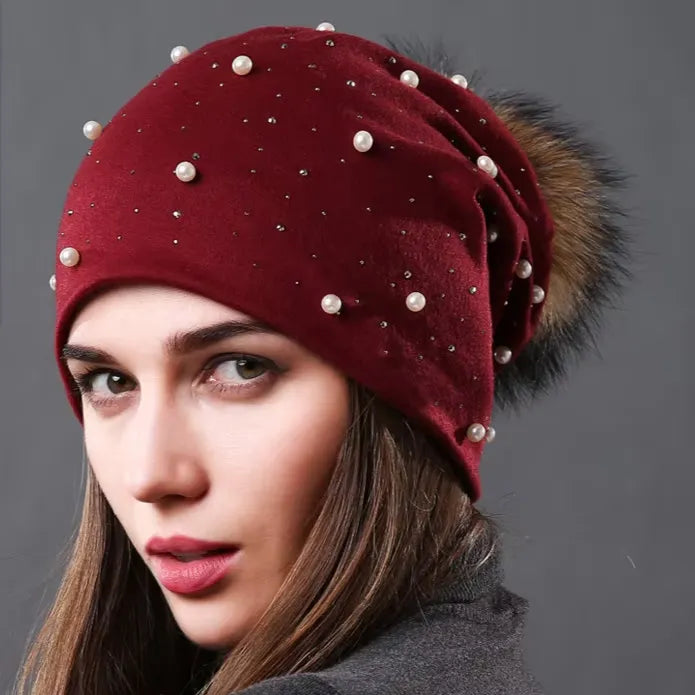 Women's Hat Natural Raccoon Fur Pompom Beanies Autumn Winter Warm Cotton Hats Rhinestone Fashion Caps - Shop & Buy