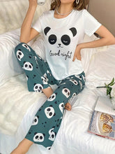 Load image into Gallery viewer, Cartoon Panda Print Pajama Set, Short Sleeve Crew Neck Top &amp; Elastic Waistband Pants, Womens Sleepwear &amp; Loungewear - Shop &amp; Buy
