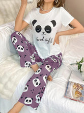 Load image into Gallery viewer, Cartoon Panda Print Pajama Set, Short Sleeve Crew Neck Top &amp; Elastic Waistband Pants, Womens Sleepwear &amp; Loungewear - Shop &amp; Buy
