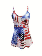 Load image into Gallery viewer, Casual American Flag Print Two-piece Set, Scoop Neck Sleeveless Strap Flare Top &amp; Skinny Capri Leggings Outfits - Shop &amp; Buy
