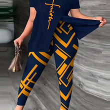 Load image into Gallery viewer, Casual Spring &amp; Summer Two-piece Set, Faith Print Split Slanted Shoulder Tops &amp; Geo Print Slim Pants Outfits - Shop &amp; Buy
