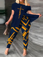 Load image into Gallery viewer, Casual Spring &amp; Summer Two-piece Set, Faith Print Split Slanted Shoulder Tops &amp; Geo Print Slim Pants Outfits - Shop &amp; Buy
