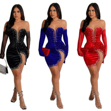Load image into Gallery viewer, Casual Women Dress Sheer Mesh Diamond Salsh Neck Party Night Y2k High Streetwear Bodycon Clothes For Women - Shop &amp; Buy
