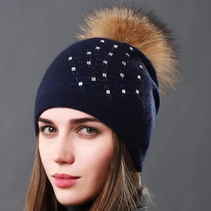 Wool Knitted Hats Fashion Rhinestone Glass Women Autumn Winter Warm Caps Natural Raccoon Fur Pompom Hat - Shop & Buy