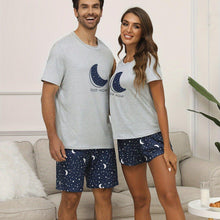 Load image into Gallery viewer, Celestial Charm - Womens Moon &amp; Star Printed Pajama Set with Letter Detail, Short Sleeve Round Neck Top &amp; Elastic Shorts - Shop &amp; Buy
