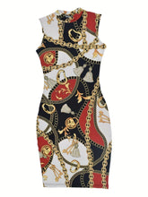 Load image into Gallery viewer, Chain Print Casual Midi Bodycon Dress - Crew Neck, Sleeveless, Easy-Care, All-Season Comfort with Stretch - Shop &amp; Buy

