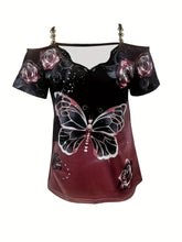 Load image into Gallery viewer, Charming Butterfly Print T-Shirt with Lace Trim &amp; Chain Strap - Sexy Short Sleeve for Spring &amp; Summer - Shop &amp; Buy

