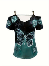 Load image into Gallery viewer, Charming Butterfly Print T-Shirt with Lace Trim &amp; Chain Strap - Sexy Short Sleeve for Spring &amp; Summer - Shop &amp; Buy
