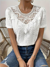 Load image into Gallery viewer, Charming Contrast Lace Eyelet Blouse - Breathable Crew Neck, Short Sleeve for Spring &amp; Summer - Shop &amp; Buy
