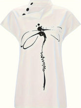 Load image into Gallery viewer, Charming Dragonfly Print Blouse - Unique Skew Buttons, Elegant Short Sleeve Top for Spring &amp; Summer - Shop &amp; Buy
