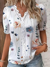 Load image into Gallery viewer, Charming Floral Print Blouse with Lace Trim - Eye-Catching V Neck &amp; Boho Puff Sleeves - Shop &amp; Buy
