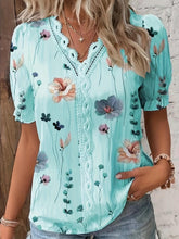 Load image into Gallery viewer, Charming Floral Print Blouse with Lace Trim - Eye-Catching V Neck &amp; Boho Puff Sleeves - Shop &amp; Buy
