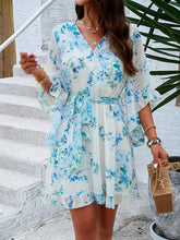Load image into Gallery viewer, Charming Floral Print V-neck Swing Dress with Belted Waist &amp; Ruffle Flare Sleeves - Shop &amp; Buy
