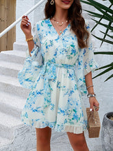 Load image into Gallery viewer, Charming Floral Print V-neck Swing Dress with Belted Waist &amp; Ruffle Flare Sleeves - Shop &amp; Buy
