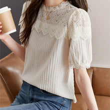 Load image into Gallery viewer, Charming Solid Lace Blouse with Stitching Detail - Soft Textured Short Sleeve Top for Spring &amp; Summer Elegance - Shop &amp; Buy
