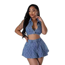 Load image into Gallery viewer, Checkered Washed Denim 2 Piece Set Women2024 Sexy Turn-down Collar Button Crop Top + A-line Mini Skirts Club Outfits - Shop &amp; Buy
