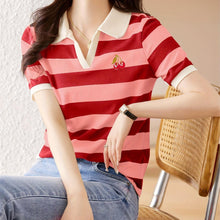 Load image into Gallery viewer, Cherry Pattern Striped Knitted T-shirt, Casual Notched Collar Short Sleeve Top, Women&#39;s Clothing - Shop &amp; Buy
