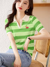 Load image into Gallery viewer, Cherry Pattern Striped Knitted T-shirt, Casual Notched Collar Short Sleeve Top, Women&#39;s Clothing - Shop &amp; Buy
