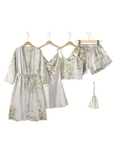 Load image into Gallery viewer, Chic 4pc Floral Pajama Set for Women - Includes Comfy Long-Sleeve Robe, Elegant Cami Dress, Versatile Top, &amp; Ruffle Shorts - Shop &amp; Buy
