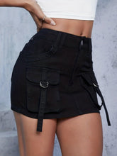 Load image into Gallery viewer, Chic Black Denim Skirt with Trendy Flap Pockets - Slim Fit, Non-Stretch Cargo Style - Shop &amp; Buy
