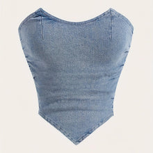 Load image into Gallery viewer, Chic Blue Denim Tube Top - Slim Fit with Zip Back Detail - Flowy Hanky Hem for Womens Casual Elegance - Shop &amp; Buy
