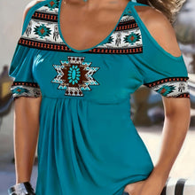 Load image into Gallery viewer, Chic Boho V-Neck Tee - Eye-Catching Geometric Print - Breezy Cold Shoulder Design - Shop &amp; Buy
