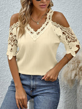 Load image into Gallery viewer, Chic Contrast Lace Cold Shoulder Blouse - Feminine V Neck Solid Short Sleeve - Fashion-Forward Womens Clothing - Shop &amp; Buy
