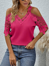 Load image into Gallery viewer, Chic Contrast Lace Cold Shoulder Blouse - Feminine V Neck Solid Short Sleeve - Fashion-Forward Womens Clothing - Shop &amp; Buy
