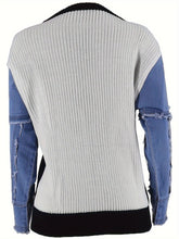 Load image into Gallery viewer, Chic Denim Patchwork Top with Stretch for Comfort - Long Sleeves &amp; Round Neck for Versatile Styling, Perfect for Casual Wear - Shop &amp; Buy
