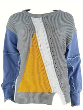 Load image into Gallery viewer, Chic Denim Patchwork Top with Stretch for Comfort - Long Sleeves &amp; Round Neck for Versatile Styling, Perfect for Casual Wear - Shop &amp; Buy
