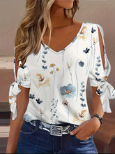 Load image into Gallery viewer, Chic Floral Print Knot Front T-Shirt - Lightweight &amp; Breathable, Feminine V-Neck, Split Short Sleeves - Shop &amp; Buy

