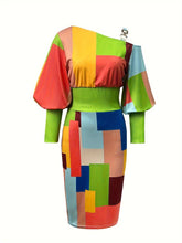 Load image into Gallery viewer, Chic Geo Print Asymmetrical Bodycon Dress - Elegant Puff Sleeve, Fall/Winter Womens Knit Fashion - Shop &amp; Buy
