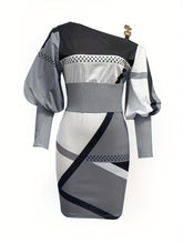 Load image into Gallery viewer, Chic Geo Print Asymmetrical Bodycon Dress - Elegant Puff Sleeve, Fall/Winter Womens Knit Fashion - Shop &amp; Buy
