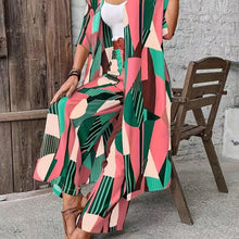 Load image into Gallery viewer, Chic Geometric Print Womens Pantsuit Set - Open Front Long Shirt &amp; Wide Leg Pants - Stylish Casual Outfits - Shop &amp; Buy
